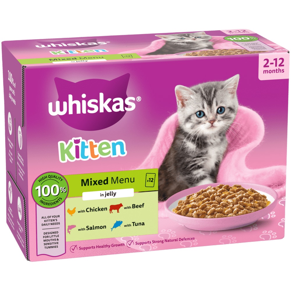 WHISKAS Kitten 2-12 mnths MIXED Menu Wet Cat Food Pouches in Jelly 12 x 85g - 1