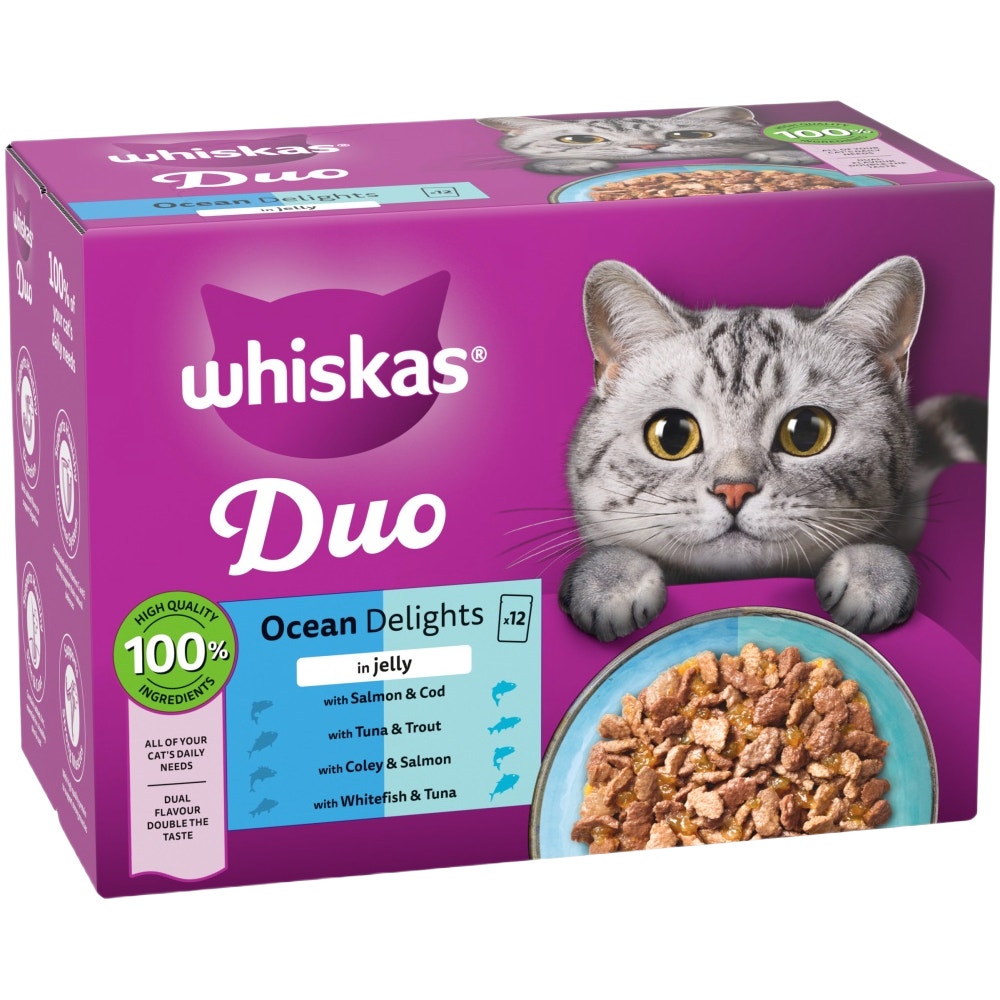 WHISKAS 1+ DUO OCEAN Delight Wet Cat Food Pouches in Jelly 12 x 85g - 1